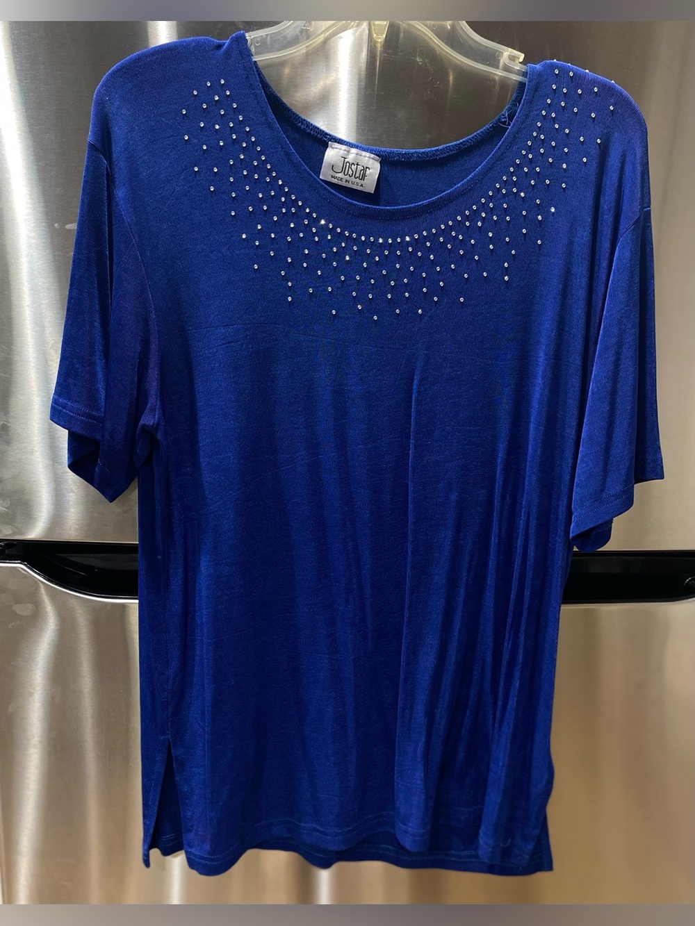 Women's Royal Blue Short Sleeve Studded Neck Tee size L made in the USA